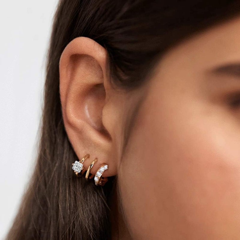 Obidos 14K Gold Plated Triple Huggie Illusion Stud Earrings | Double Huggie Hoop Earrings for One Hole | Gold Hoop Earrings for Women | Drop earrings - Image 2